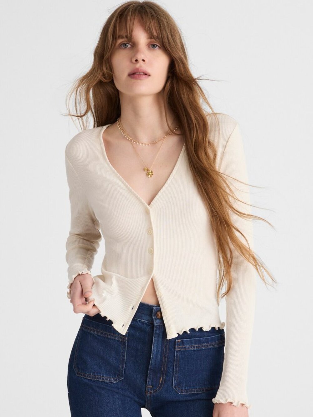 Madewell Lettuce-Hem V-Neck Cardigan in Vintage Ivory
